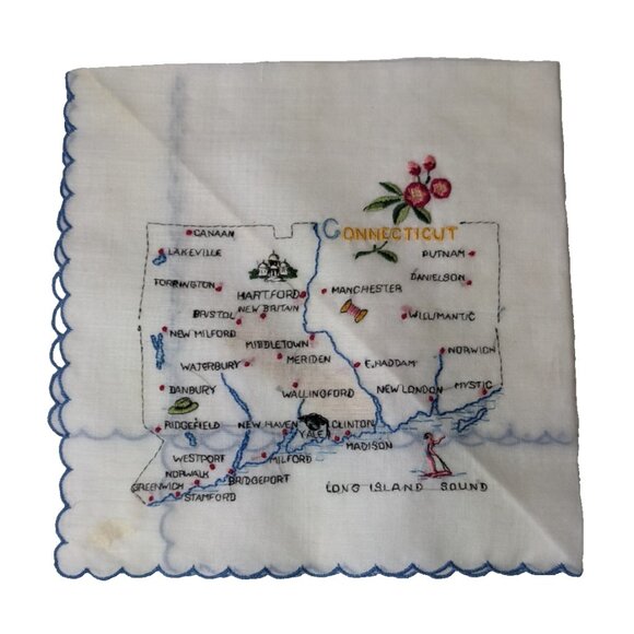 Vintage Handkerchief 1950’s Connecticut Stitched Scalloped Edge 11” Square - Picture 2 of 10